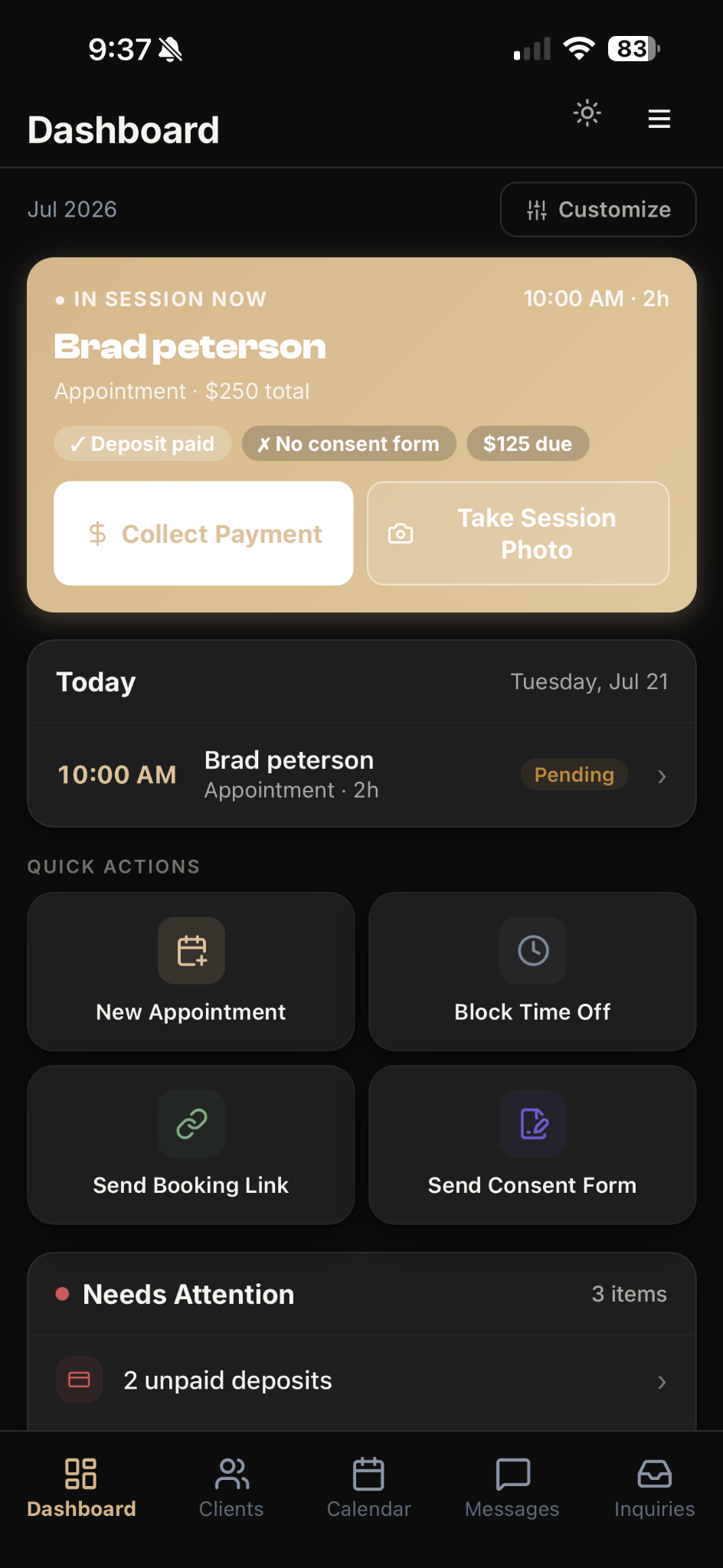 InkXed mobile dashboard showing an active session, today’s appointments, and quick studio actions